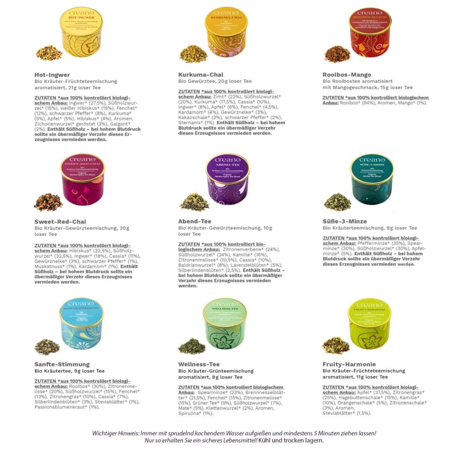 3er Dose Grobschnitt BIO Kräutertee “Spicy” Tee-Mix Creano (Kurkuma Chai, Hot-Ingwer, Sweet Red Chai)  * – Bild 3